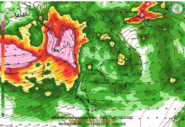 อุตุฯ เตือน 23 - 27 พ.ค.  ฝนตกหนักทั่วไทย ระวังน้ำท่วมฉับพลัน