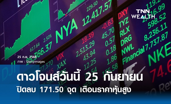 หุ้นดาวโจนส์วันนี้ 25 กันยายน 2568 ปิดลบ 171.50 จุด เตือนราคาหุ้นสูง