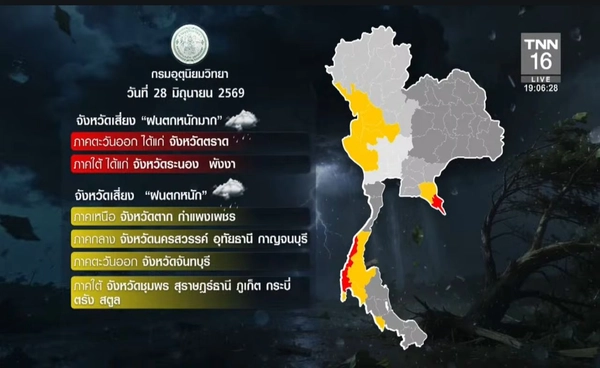 กรมอุตุฯ เตือนฉบับ 3 ภาคใต้-ตะวันออก เสี่ยงฝนหนักมาก 28 มิ.ย.69