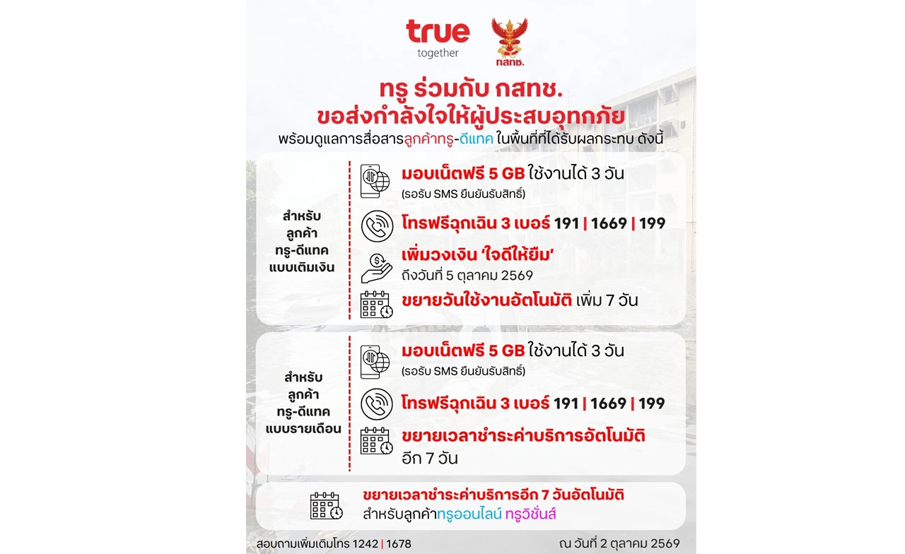 ทรู x กสทช. เดินหน้าเคียงข้างผู้ประสบอุทกภัย พร้อมดูแลการสื่อสาร