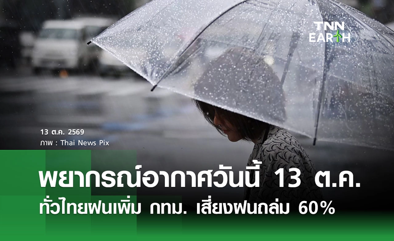 พยากรณ์อากาศวันนี้ 13 ต.ค. 69 ทั่วไทยฝนเพิ่ม กทม. เสี่ยงฝนถล่ม 60%