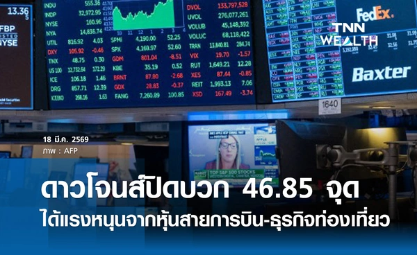 หุ้นดาวโจนส์วันนี้ 18 มีนาคม 2569 ปิดบวก 46.85 จุด ได้แรงหนุนจากหุ้นกลุ่มสายการบิน-ธุรกิจท่องเที่ยว