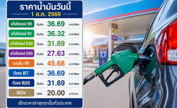 ราคาน้ำมันวันนี้ 1 ส.ค. 2569 เช็กราคาล่าสุดทุกปั๊ม