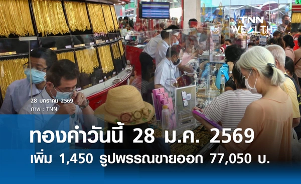ราคาทองคำวันนี้ 28 ม.ค. 2569 ปรับเพิ่ม 1,450 บาท รูปพรรณขายออก 77,050  บาท