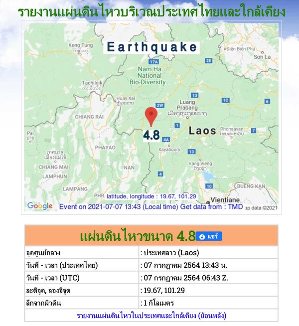 ด่วน! ลาวแผ่นดินไหวขนาด 4.8 ริกเตอร์  ลึก 1 กิโลเมตร  สะเทือนถึงไทย