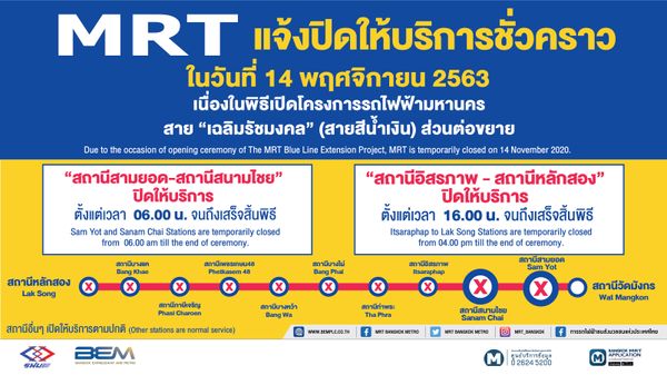 MRT สายสีน้ำเงิน แจ้งปิดการให้บริการชั่วคราว ในวันที่ 14 พ.ย.63