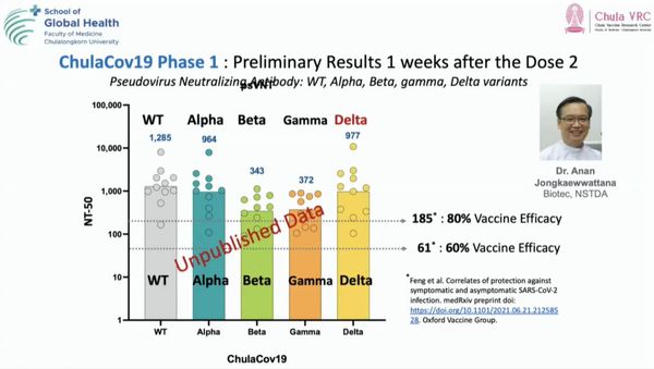 จุฬาฯ เผยผลทดสอบวัคซีน ChulaCov-19 ป้องกันโควิดได้ 94% ต้านเชื้อ 4 สายพันธุ์