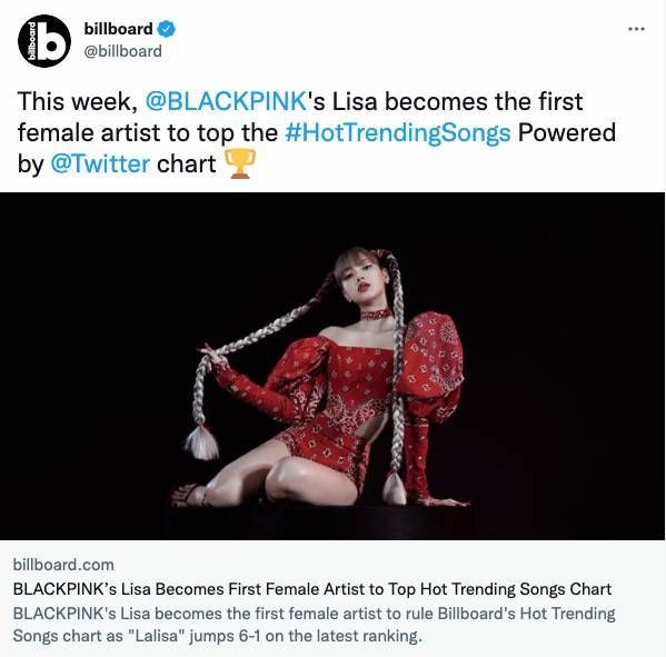‘ลิซ่า’ ศิลปินหญิงคนแรก!! คว้าแชมป์ชาร์ต Billboard Hot Trending Songs