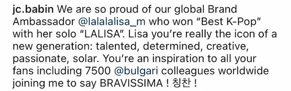ดีใจกับลูกสาว!! ซีอีโอ Bvlgari ยก ‘ลิซ่า BLACKPINK’ คือแรงบันดาลใจของผู้คนทั่วโลก 