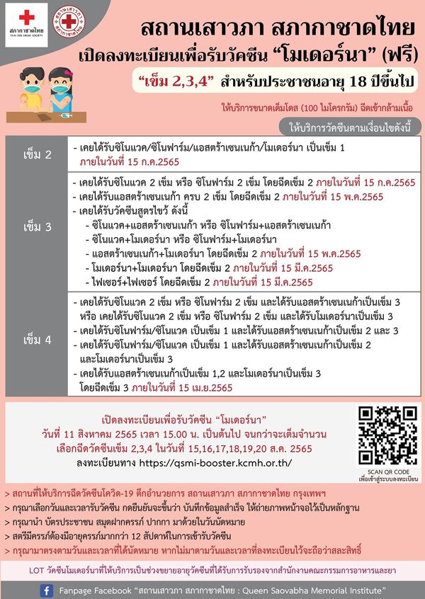 ฉีดฟรี วัคซีนโมเดอร์นา สถานเสาวภา สภากาชาดไทย เปิดลงทะเบียนเข็ม 2,3,4