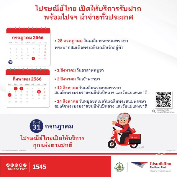 วันหยุดเดือนกรกฎาคมและสิงหาคม 2566 ไปรษณีย์ไทย ปิดไหม-เปิดให้บริการวันไหนบ้าง?