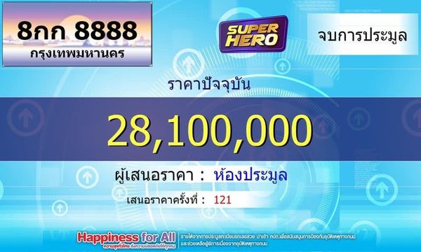 ประมูลทะเบียนรถ 8กก8888 เคาะที่ 28.1 ล้าน สูงสุดเป็นประวัติศาสตร์ไทย!