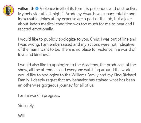 วิล สมิธ สำนึกผิดขอโทษ คริส ร็อค อย่างจริงใจแล้ว