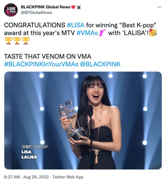 ‘ลิซ่า’ คว้า Best K-Pop!! BLACKPINK สร้างประวัติศาสตร์คว้าแล้ว 2 รางวัลงาน MTV VMAs