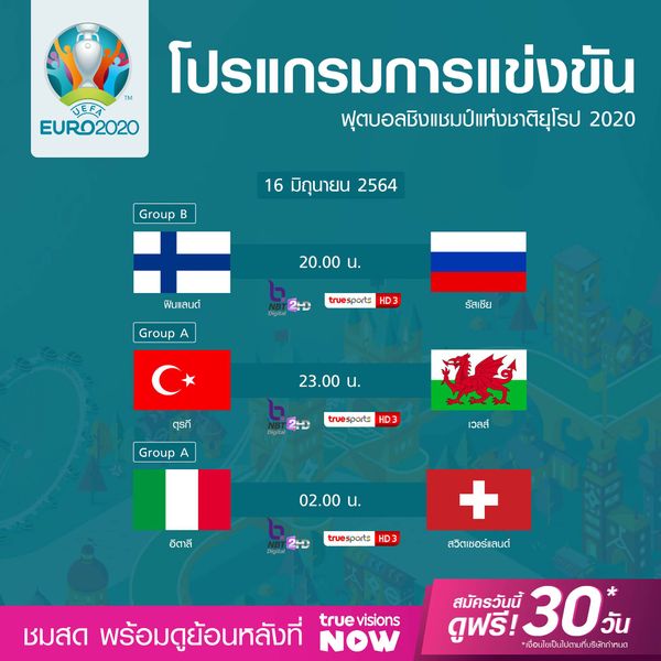 โปรแกรมการแข่งขันฟุตบอลยูโร 2020 (16 มิ.ย. 64) พร้อมลิงก์ดูบอลสด