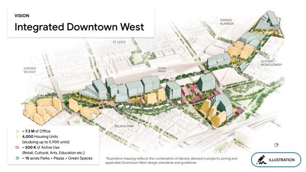 Google หยุดการก่อสร้างวิทยาเขต Downtown West ในเมืองซานโฮเซ รัฐแคลิฟอร์เนีย 