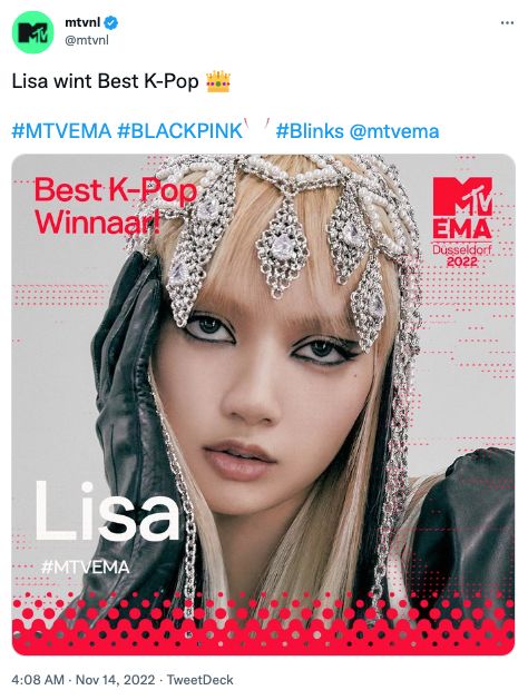 'ลิซ่า' สร้างประวัติศาสตร์อีก!! ศิลปินเดี่ยวคนแรกคว้า Best K-Pop ทั้งงาน MTV EMA & VMA