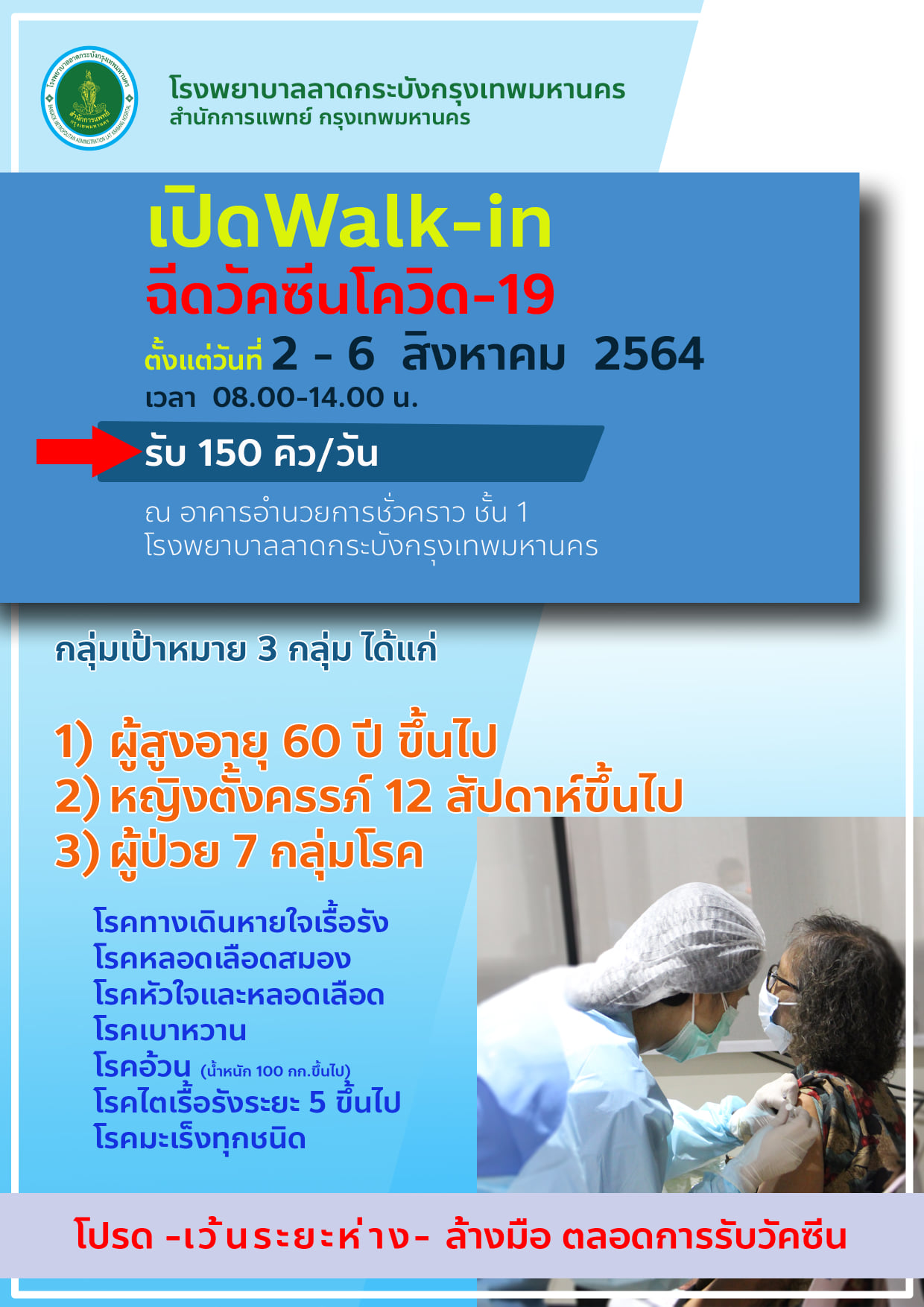 รีบเลย! โรงพยาบาลลาดกระบัง เปิด Walk-in ฉีดวัคซีนโควิด วันนี้-6ส.ค.
