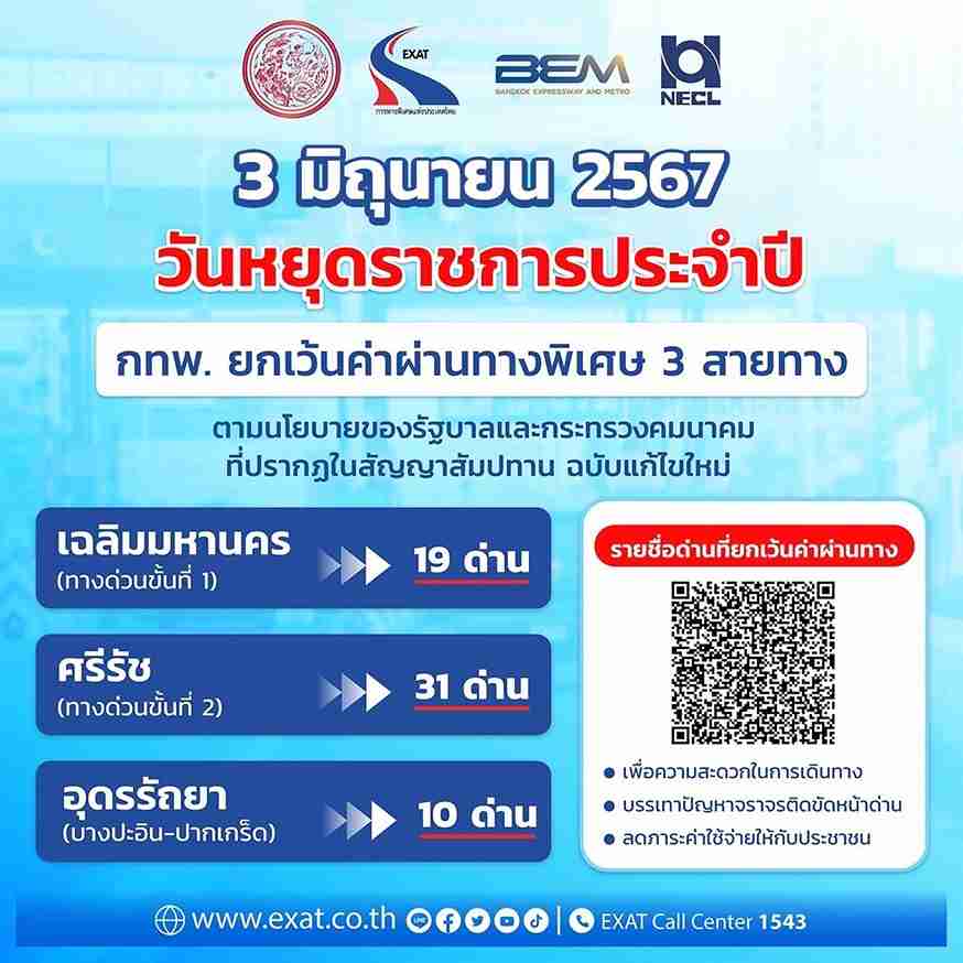 วันหยุดราชการ 3 มิถุนายน ขึ้นทางด่วนฟรี  60 ด่าน เส้นไหนบ้างเช็กที่นี่