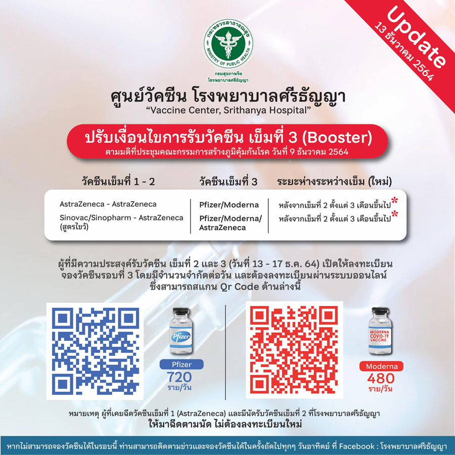 รพ.ศรีธัญญา ปรับเงื่อนไขฉีด วัคซีนเข็ม 3 ลงทะเบียนได้เลยที่นี่