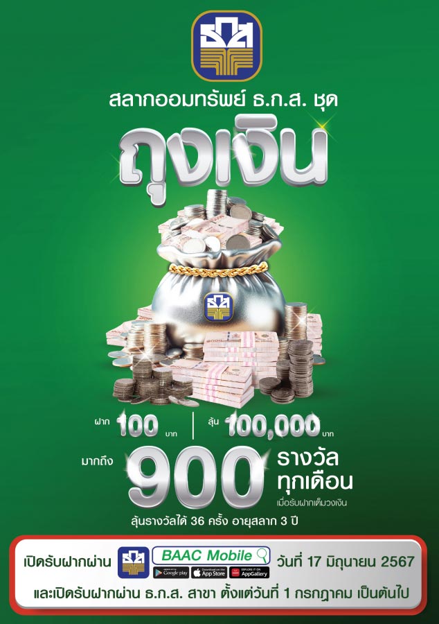 สลากออมทรัพย์ ธ.ก.ส. ชุดถุงเงิน เพิ่มโอกาสถูกรางวัลแบบรวยกระจาย หน่วยละ 100 บาท สลากออมทรัพย์ ธ.ก.ส. ชุดถุงเงิน เพิ่มโอกาสถูกรางวัลแบบรวยกระจาย หน่วยละ 100 บาท