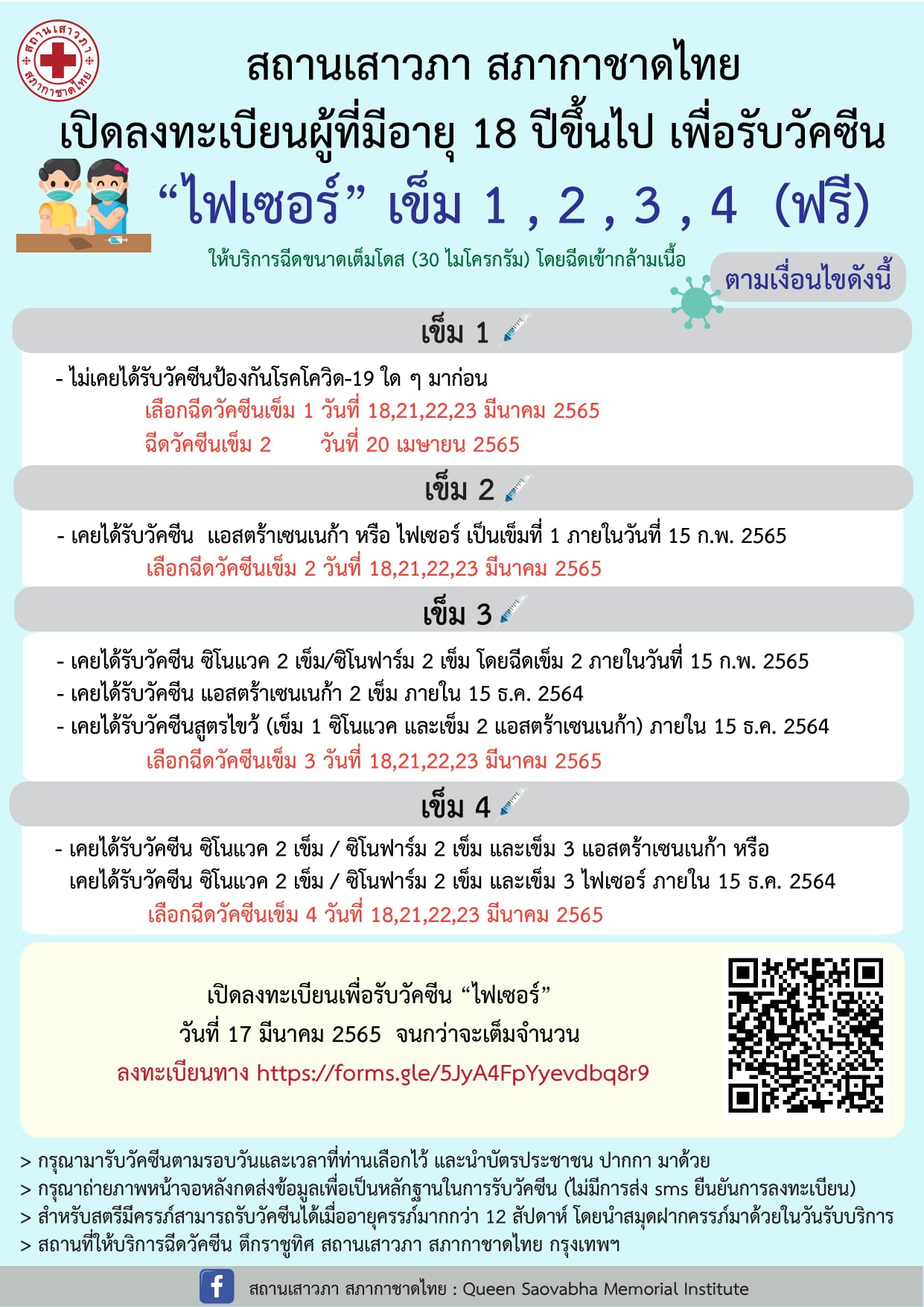 สถานเสาวภา สภากาชาดไทย เปิดลงทะเบียนฉีดวัคซีนไฟเซอร์ เข็ม 1,2,3,4 ฟรี