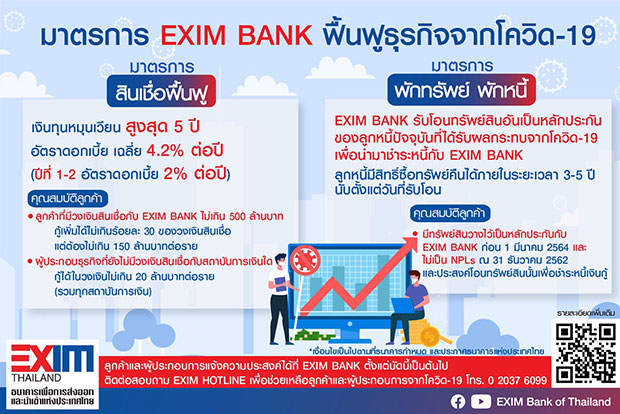 EXIM BANK ขานรับ ธปท. หนุนมาตรการสินเชื่อฟื้นฟูช่วยผู้ส่งออก EXIM BANK ขานรับ ธปท. หนุนมาตรการสินเชื่อฟื้นฟูช่วยผู้ส่งออก