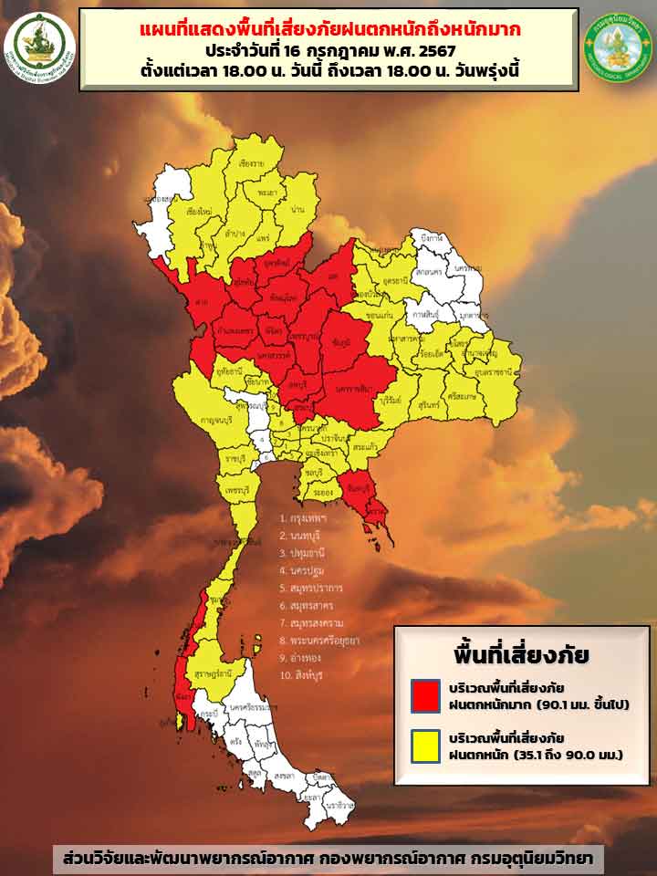 กรมอุตุฯ กางแผนที่ 58 จังหวัดเสี่ยงภัยระดับสีเหลือง-แดง ฝนตกหนักถึงหนักมาก กรมอุตุฯ กางแผนที่ 58 จังหวัดเสี่ยงภัยระดับสีเหลือง-แดง ฝนตกหนักถึงหนักมาก