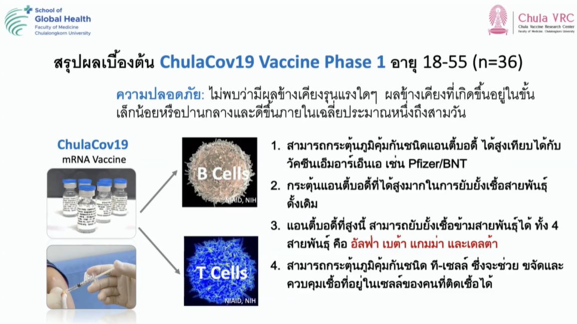 จุฬาฯ เผยผลทดสอบวัคซีน ChulaCov-19 ป้องกันโควิดได้ 94% ต้านเชื้อ 4 สายพันธุ์