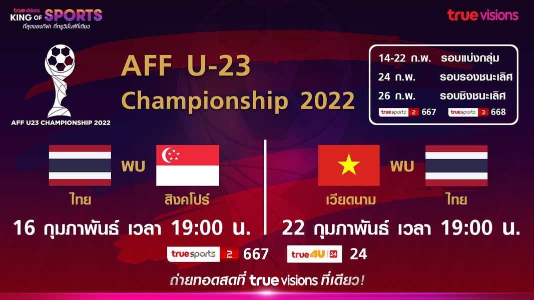 'ทรูวิชั่นส์' จัดเต็มถ่ายทอดสดฟุตบอลU23ปีชิงแชมป์อาเซียน2022 เริ่ม 14ก.พ.นี้ 'ทรูวิชั่นส์' จัดเต็มถ่ายทอดสดฟุตบอลU23ปีชิงแชมป์อาเซียน2022 เริ่ม 14ก.พ.นี้