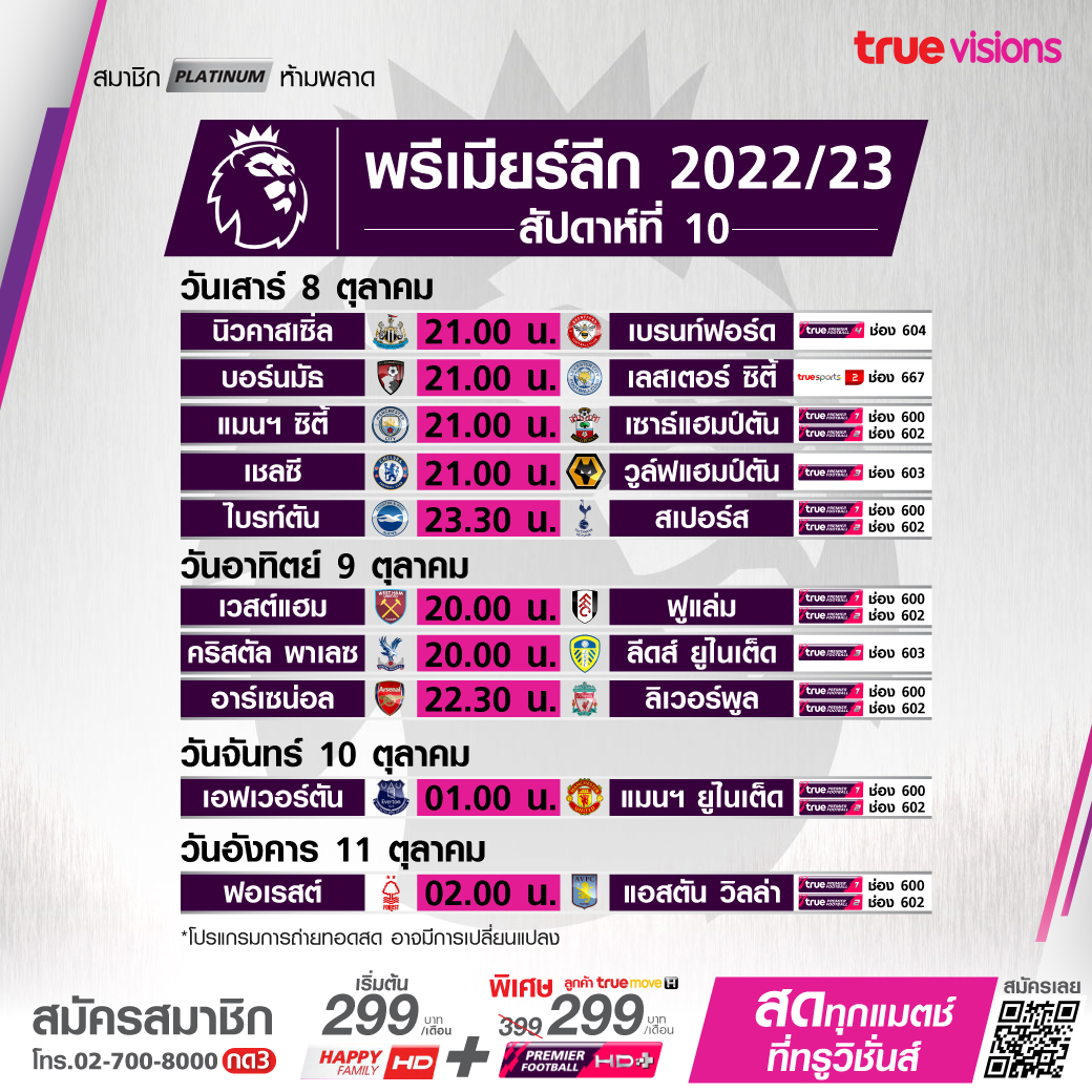 โปรแกรมถ่ายทอดสดฟุตบอลและกีฬาสุดสัปดาห์ (7-9 ต.ค. 65) จากทรูวิชั่นส์ โปรแกรมถ่ายทอดสดฟุตบอลและกีฬาสุดสัปดาห์ (7-9 ต.ค. 65) จากทรูวิชั่นส์