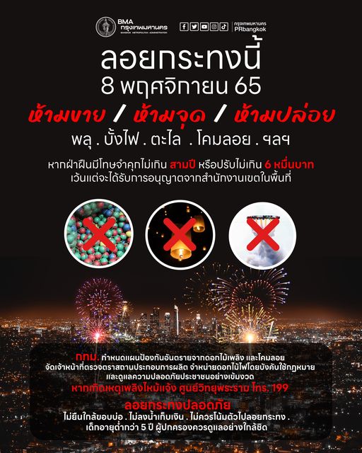 วันลอยกระทง 2565 กทม.ย้ำห้ามขาย-จุด-ปล่อย พลุ บั้งไฟ โคมลอย