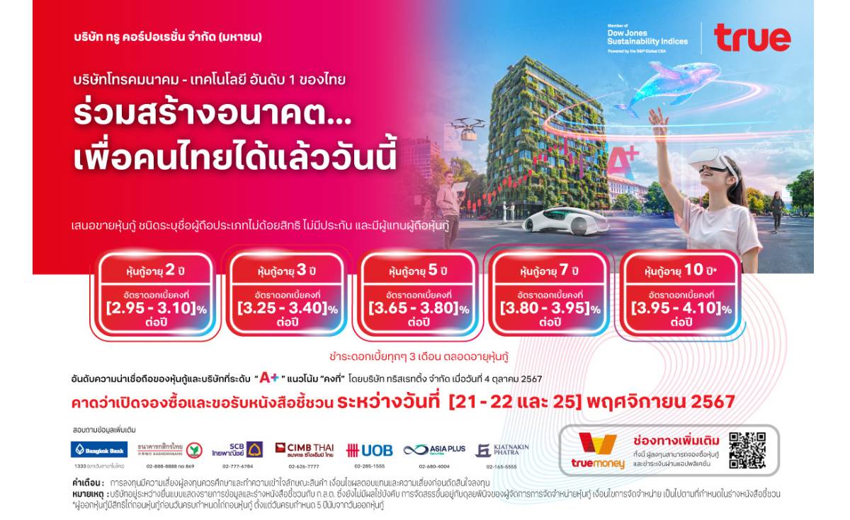 “ทรูคอร์ปอเรชั่น”เตรียมเปิดจองซื้อหุ้นกู้ชุดใหม่ 21-22 และ 25 พ.ย. 67 “ทรูคอร์ปอเรชั่น”เตรียมเปิดจองซื้อหุ้นกู้ชุดใหม่ 21-22 และ 25 พ.ย. 67