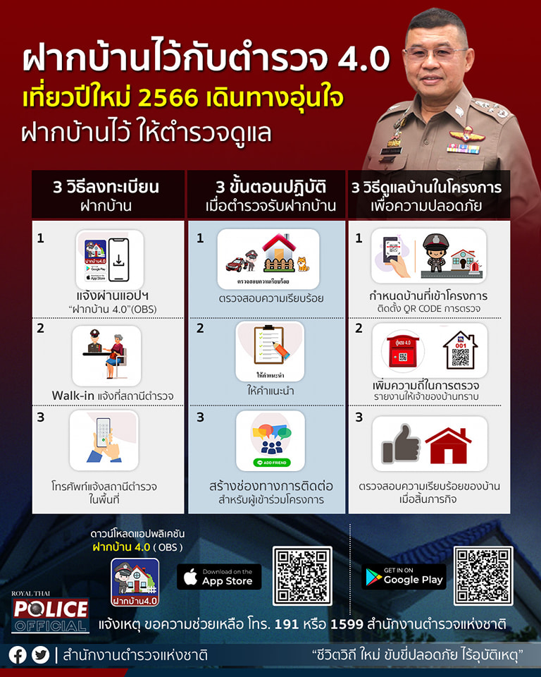 ปีใหม่ 2566 ฝากบ้านไว้กับตำรวจ ลงทะเบียนง่ายๆ ผ่านแอปพลิเคชัน ปีใหม่ 2566 ฝากบ้านไว้กับตำรวจ ลงทะเบียนง่ายๆ ผ่านแอปพลิเคชัน