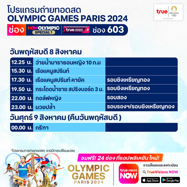 เช็กโปรแกรมถ่ายทอดสดโอลิมปิก 2024 วันที่ 8 ส.ค. 67 เช็กโปรแกรมถ่ายทอดสดโอลิมปิก 2024 วันที่ 8 ส.ค. 67