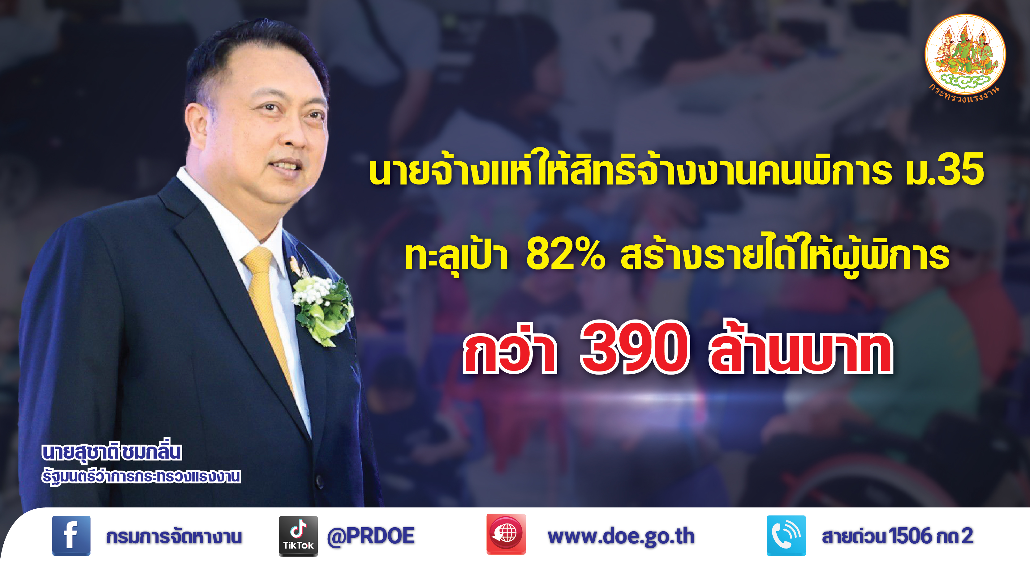 โครงการจ้างงานคนพิการสุดปัง! นายจ้างแห่จ้างงานคนพิการ ม.35 ทะลุเป้า 82% สร้างรายได้กว่า 390 ล้านบาท โครงการจ้างงานคนพิการสุดปัง! นายจ้างแห่จ้างงานคนพิการ ม.35 ทะลุเป้า 82% สร้างรายได้กว่า 390 ล้านบาท
