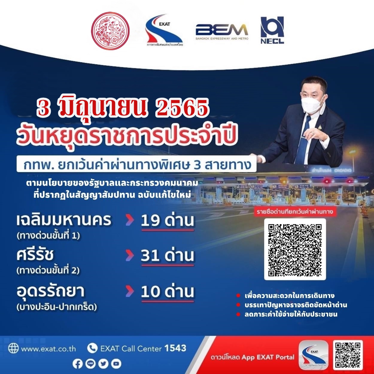 ข่าวดีรับวันหยุด 3 มิถุนายน 2565 ยกเว้นค่าทางด่วน 3 สายทาง 