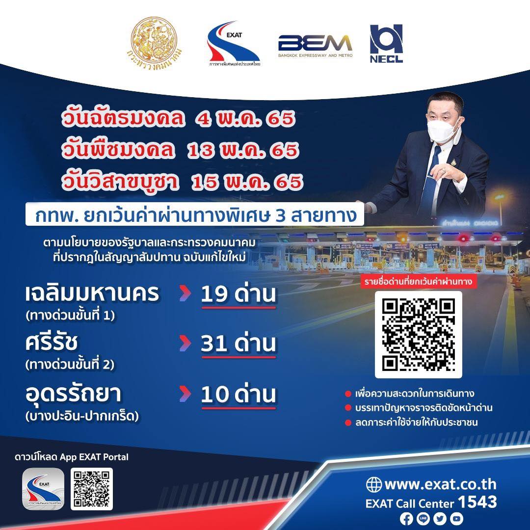 วันหยุดเดือนพฤษภาคม 2565 ยกเว้นค่าทางด่วนฟรี 3 สายทาง วันหยุดเดือนพฤษภาคม 2565 ยกเว้นค่าทางด่วนฟรี 3 สายทาง