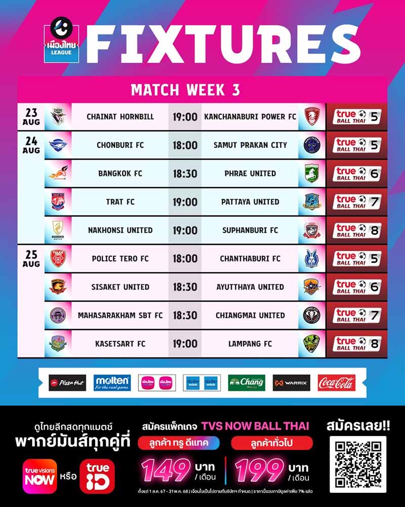 โปรแกรมแข่งขัน พร้อมช่องถ่ายทอดสด ไทยลีก 2024/25 สัปดาห์ที่ 3 โปรแกรมแข่งขัน พร้อมช่องถ่ายทอดสด ไทยลีก 2024/25 สัปดาห์ที่ 3