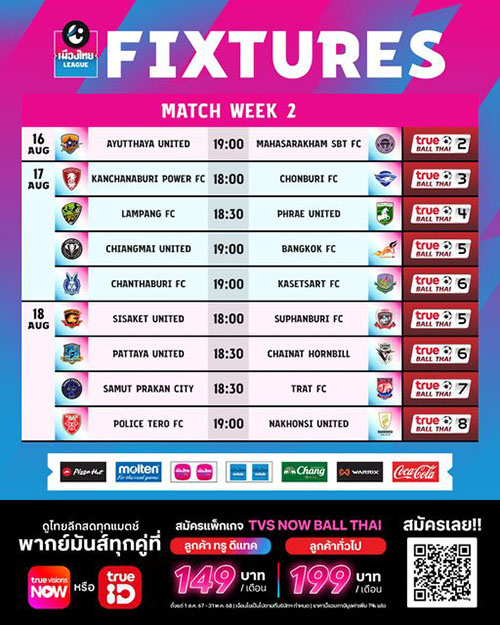 โปรแกรมแข่งขัน พร้อมช่องถ่ายทอดสด ไทยลีก 2024/25 สัปดาห์ที่ 2 โปรแกรมแข่งขัน พร้อมช่องถ่ายทอดสด ไทยลีก 2024/25 สัปดาห์ที่ 2