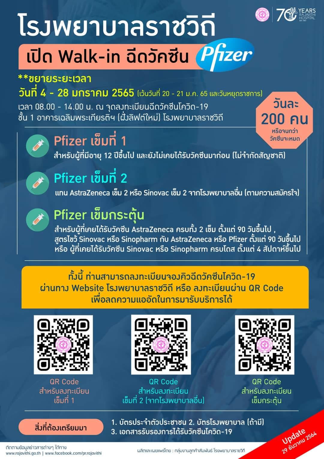 ราชวิถีเปิด walk in ฉีดไฟเซอร์ทุกเข็ม เริ่ม 4 ม.ค. เช็กวิธีลงทะเบียนที่นี่