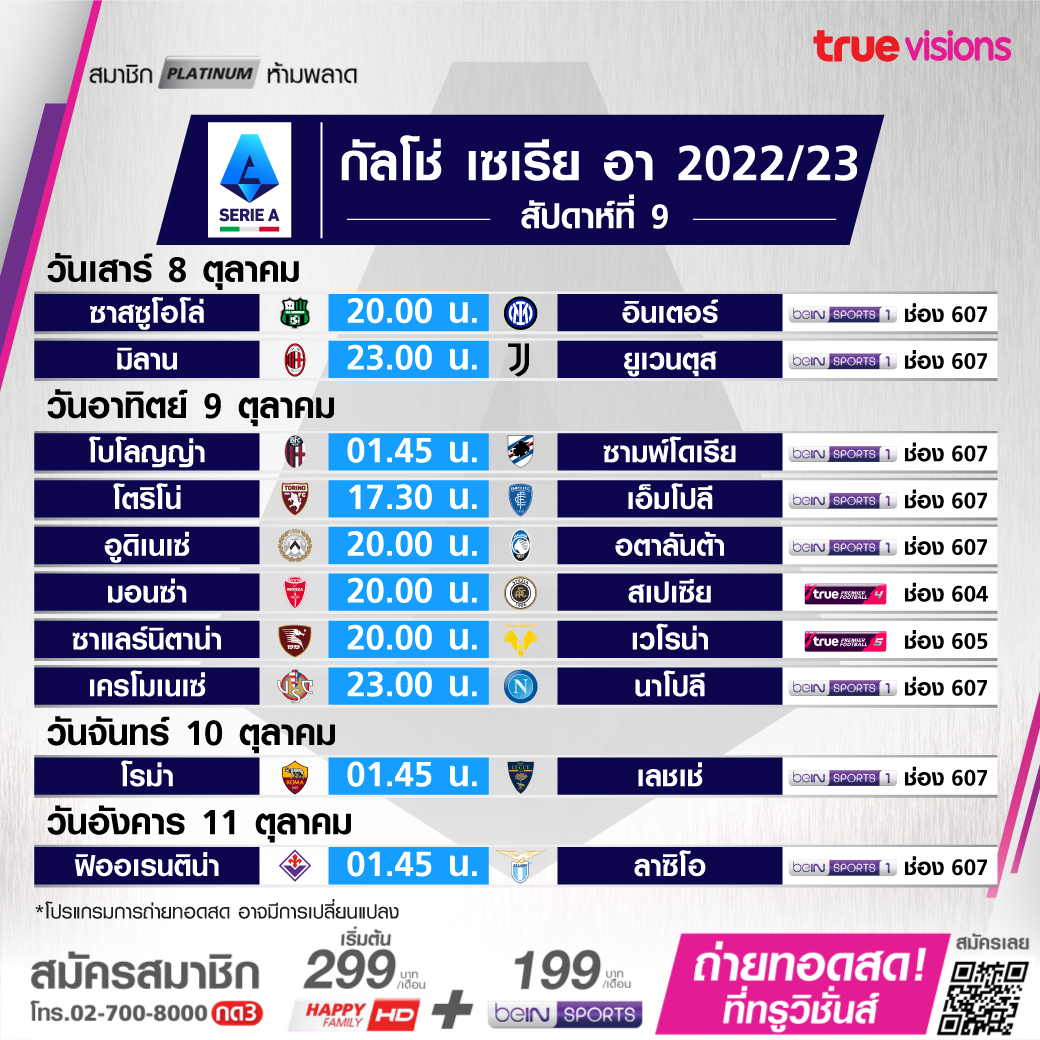 โปรแกรมถ่ายทอดสดฟุตบอลและกีฬาสุดสัปดาห์ (7-9 ต.ค. 65) จากทรูวิชั่นส์