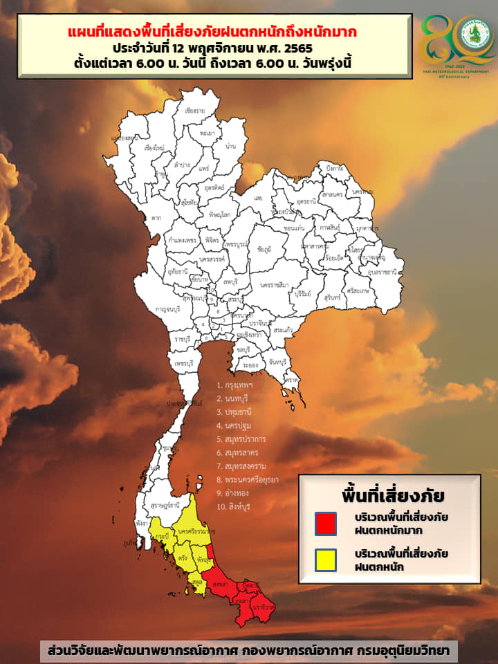ฝนตกหนักมาก 4 จังหวัดภาคใต้ อุตุฯประกาศพื้นที่เสี่ยงภัยระดับสีแดง