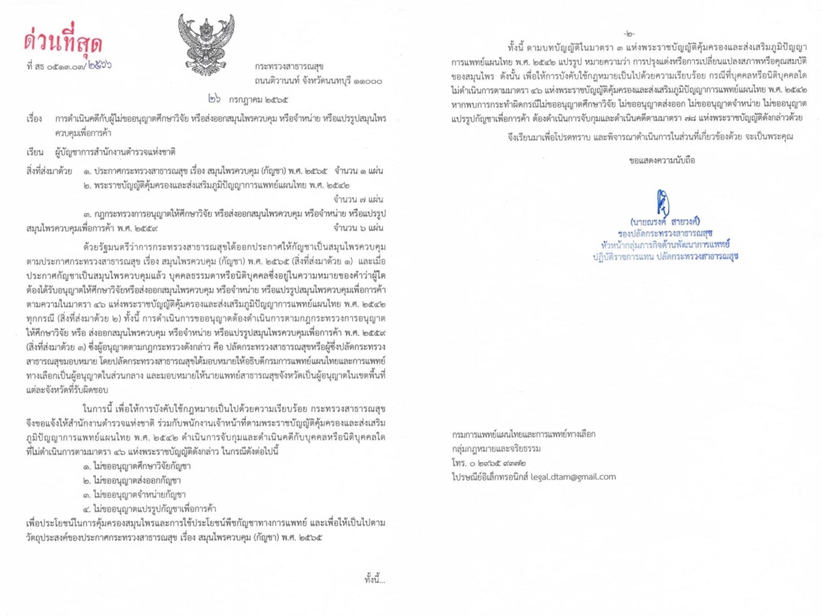 สธ.ออกหนังสือด่วนที่สุดถึงผบ.ตร. จับทันทีหากผู้ขาย-แปรรูปกัญชาไม่ขออนุญาต 4 กรณี สธ.ออกหนังสือด่วนที่สุดถึงผบ.ตร. จับทันทีหากผู้ขาย-แปรรูปกัญชาไม่ขออนุญาต 4 กรณี