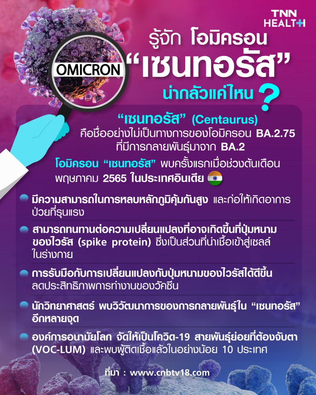 โอมิครอน “เซนทอรัส” ชื่อเล่นของ BA.2.75 และข้อมูลที่คุณควรรู้
