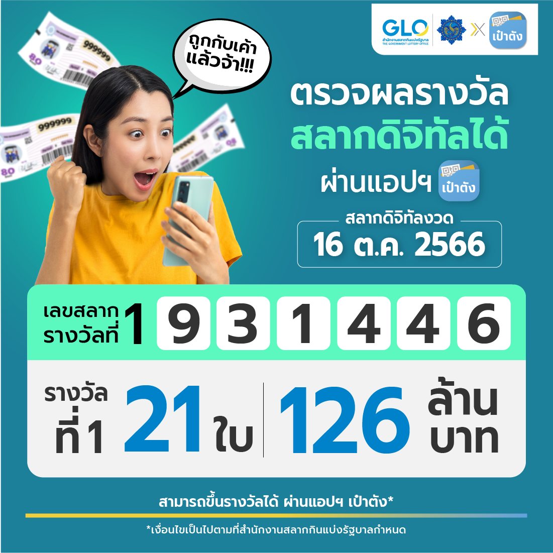 สลากดิจิทัล งวด 16 ตุลาคม 2566 มีคนถูกรางวัลที่ 1 รวม รวม 21 ใบ 126 ล้านบาท