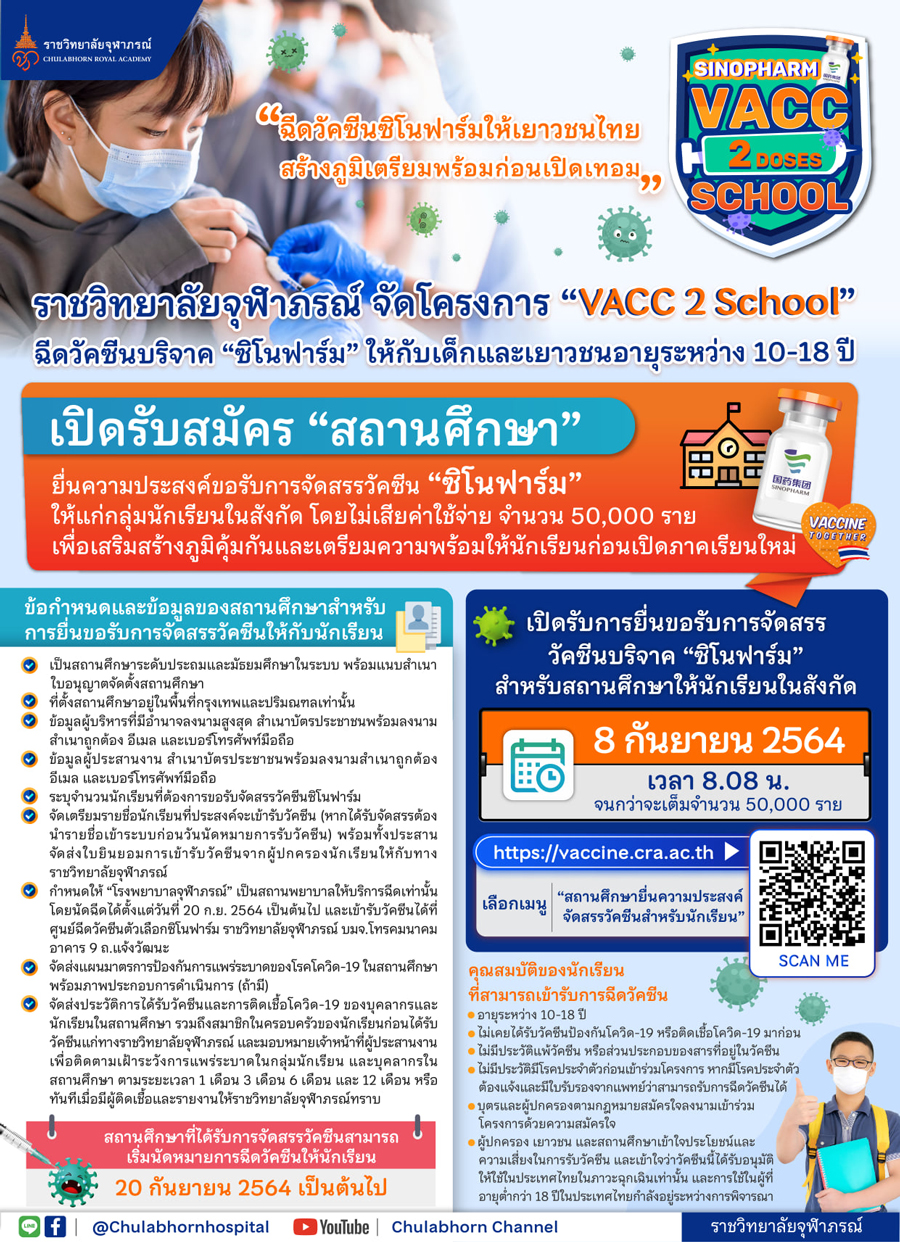 รีบเลย! ราชวิทยาลัยจุฬาภรณ์ นำร่องฉีด ซิโนฟาร์ม ให้เด็กเปิดจองแล้วตอนนี้