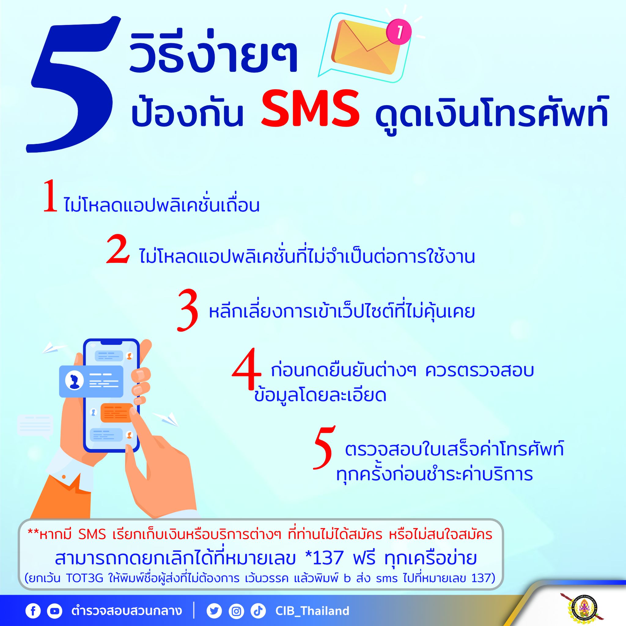 ตำรวจสอบสวนกลาง เปิด 5 วิธี ป้องกัน SMS ดูดเงินโทรศัพท์ ตำรวจสอบสวนกลาง เปิด 5 วิธี ป้องกัน SMS ดูดเงินโทรศัพท์