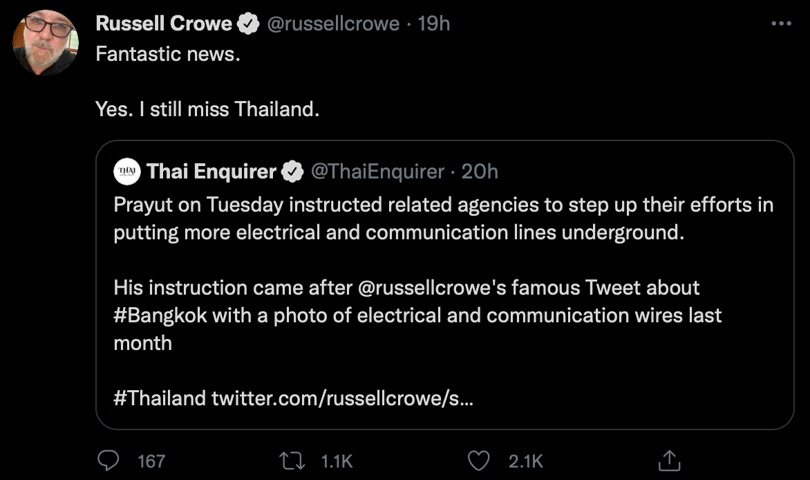 'รัสเซล โครว์'แชร์ข่าวนายกฯให้นำสายไฟลงดิน ย้ำคิดถึงเมืองไทย