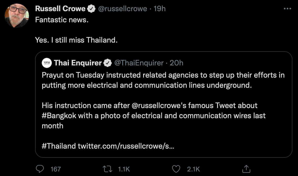 'รัสเซล โครว์'แชร์ข่าวนายกฯให้นำสายไฟลงดิน ย้ำคิดถึงเมืองไทย 'รัสเซล โครว์'แชร์ข่าวนายกฯให้นำสายไฟลงดิน ย้ำคิดถึงเมืองไทย
